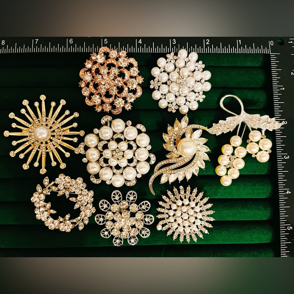 Lot of 9 Mixed Statement Brooch Pins Crystal Rhinestone